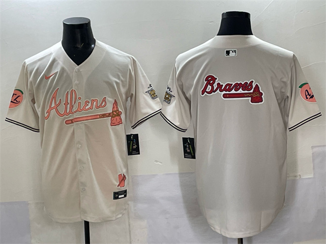 Men's Cream Atlanta Braves Team Big Logo 2024 Atliens & Peach With Outkast Patch Vapor Limited Stitched Baseball Jersey